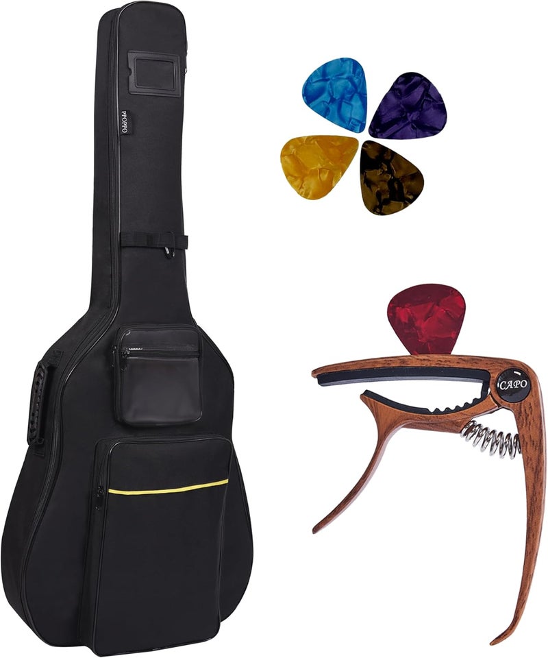 PPOPPO 40 41 42 Inch Acoustic Guitar Gig Bag (Oxford Fabric, 0.35" Padding & Water Resistance, Black) + 3-in-1 Guitar Capo (Heavy Zinc Alloy, Tuning/Pick Holder/String Pin Lifter) + 5 Picks - Image 1